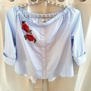 Japna Womens Top Size 2X Blue Stripe Rose Embroidered Cotton Boho Romantic 17451